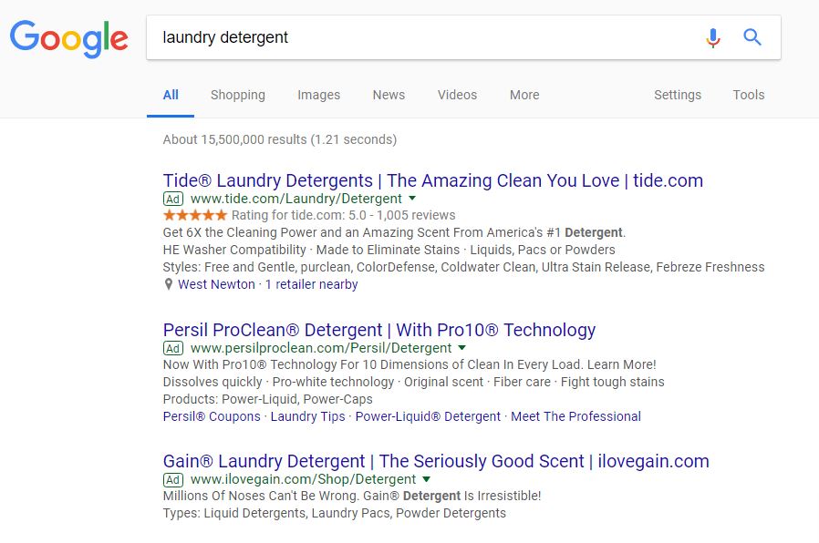 AdWords search results page