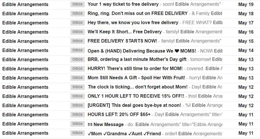Inbox showing emails from Edible Arrangements around Mothers Day