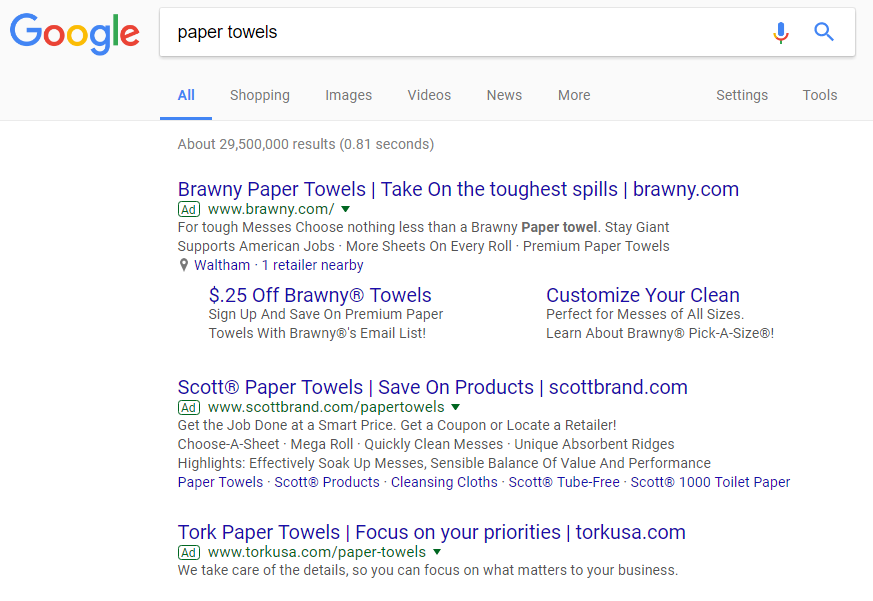 Google search results for paper towels