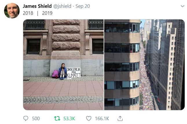 Tweet showing Greta Thunberg a year ago sitting alone, and huge crowd now