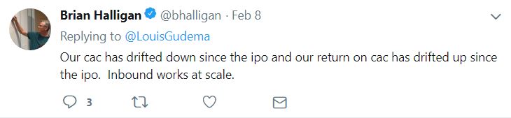 Halligan tweet that HubSpot CAC has drifted down since IPO and inbound works at scale