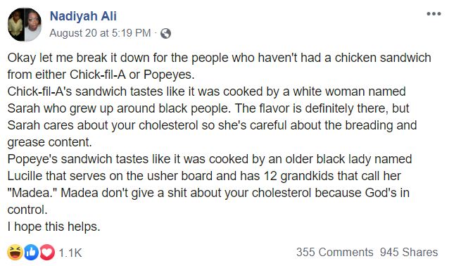 Facebook post about the sandwich