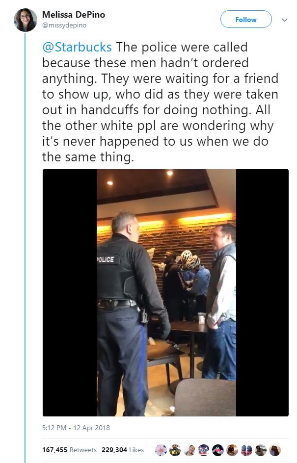 Tweet with video of arrest at Philadelphia Starbucks