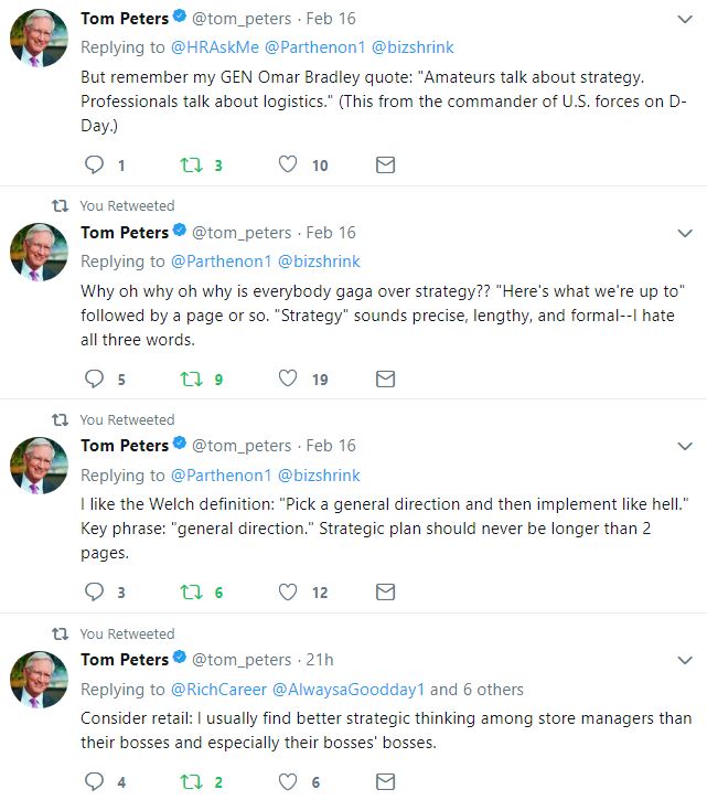 four tweets from Tom Peters on strategy