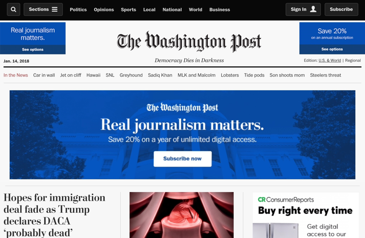 Washington Post website home page with 20% off offers